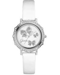 GUESS U0302l1 Bow Inspired White Genuine Leather Watch With Genuine Crystal Accents Silver Tone Case