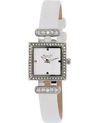 Kenneth Cole New York Kc2825 Classic Crystal Accented Stainless Steel Watch With White Leather Strap