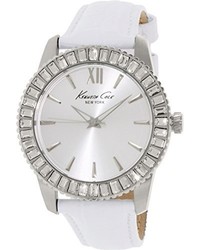 Kenneth Cole New York Kc2849 Classic Crystal Accented Stainless Steel Watch With White Leather Band