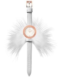 Fendi My Way Genuine Fox Fur Detail Leather Strap Watch 36mm