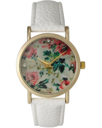 Olivia Pratt Olivia Pratt Floral Rhinestone Accent Dial White Leather Watch 14977