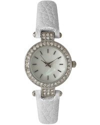 Olivia Pratt Olivia Pratt Rhinestone Bezel Petite White Leather Watch 14829