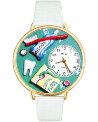 Whimsical Watches Personalized Dental Assistant Gold Tone Bezel White Leather Strap Watch
