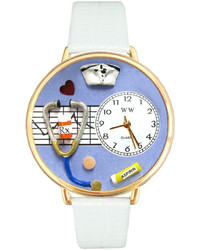 Whimsical Watches Personalized Nurse Gold Tone Bezel White Leather Strap Watch