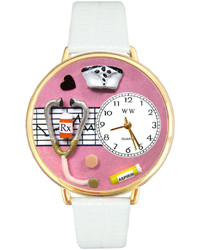 Whimsical Watches Personalized Nurse Gold Tone Bezel White Leather Strap Watch