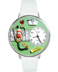 Whimsical Watches Personalized Nurse Silver Tone Bezel White Leather Strap Watch