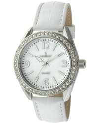 Peugeot Large Silver Case Swarovski Crystal White Thick Leather Band Dress Watch 3006wt