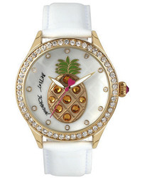 Betsey Johnson Pineapple Motif Dial And White Leather Strap Watch