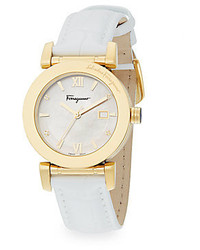 Salvatore Ferragamo Salvatore Goldtone Finished Stainless Steel Leather Strap Watchwhite
