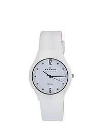 Skagen White Ceramic Leather Strap Watch