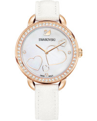 Swarovski Swiss Aila Day Crystal And Heart Accent White Leather Strap Watch 37mm