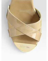 Jimmy Choo Papyrus Patent Leather And Cork Wedge Sandals