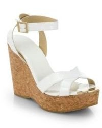 Jimmy Choo Papyrus Patent Leather And Cork Wedge Sandals