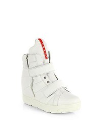 Prada Quilted Leather Wedge Sneakers Bianco White