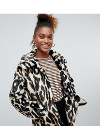 Monki Faux Fur Leopard Print Jacket In Brown