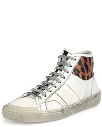 Saint Laurent Leopard Trim Leather High Top Sneaker White