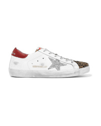 Golden Goose Deluxe Brand Superstar Glittered Distressed Leather And Leopard Print Calf Hair Sneakers
