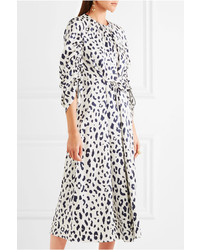 Tibi Ruched Leopard Print Silk Satin Midi Dress Ivory
