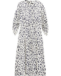 Tibi Ruched Leopard Print Silk Satin Midi Dress Ivory