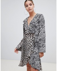 PrettyLittleThing Frill Wrap Midi Dress In Mixed Animal Print