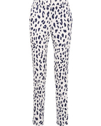 Tibi Leopard Print Silk Straight Leg Pants Ivory