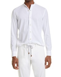 Eleventy Band Collar Linen Seersucker Shirt In White At Nordstrom