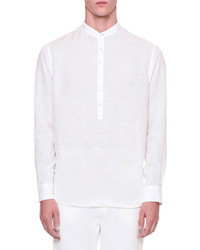 Giorgio Armani Long Sleeve Popover Linen Shirt White