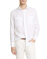 Eleventy Safari Slim Fit Linen Button Up Shirt