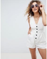 ASOS DESIGN Playsuit In Linen Look With Horn Buttons And Top Stitch Detail