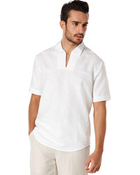 Cubavera Linen Short Sleeve Embroidered Johnny Collar Popover