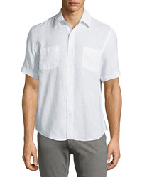 Neiman Marcus Regular Finish Linen Short Sleeve Linen Sport Shirt White