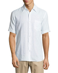 Neiman Marcus Short Sleeve Linen Chambray Shirt White