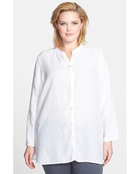 Eileen Fisher Mandarin Collar Linen Shirt White 2x