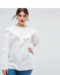 Asos Curve Cotton Top With Frill Detail Ruched Sleeve