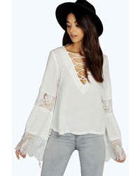 Boohoo Kerrie Lace Up Bell Sleeve Blouse