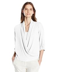 NY Collection Solid Long Sleeve Wrap Front Blouse With High Low Hem And Solid Woven Inset