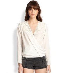 The Kooples Silk Broderie Anglaise Crossover Blouse