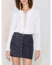 White Long Sleeve Lace Up Blouse