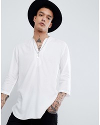 ASOS DESIGN Regular Fit Longline Viscose Shirt In White With V Neck
