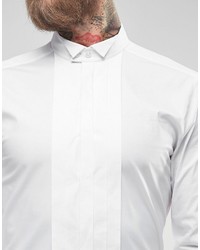 Asos Brand White Shirt In Slim Fit With Stretch And Wing Collar With Pleated Front