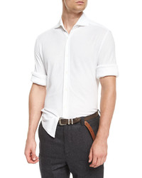 Brunello Cucinelli Long Sleeve Pique Stretch Shirt White