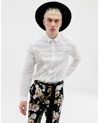 ASOS Edition Skinny Fit Shirt With Fringed Front In White