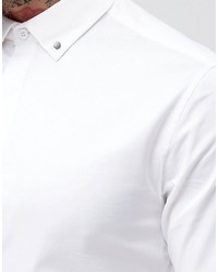 Asos Skinny Sateen Shirt With Stud Button Down Collar In White