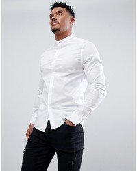 ASOS DESIGN Skinny Shirt With Grandad Collar And Popper In White