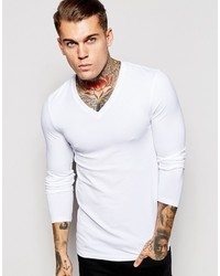 Asos Brand Extreme Muscle Long Sleeve T Shirt With V Neck In White