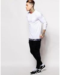 Asos Brand Longline Long Sleeve T Shirt With Woven Bandana Extended Hem And Side Zips