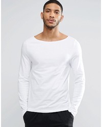 Asos Brand Muscle Long Sleeve T Shirt With Boat Neck In White