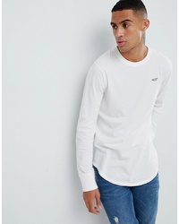 Hollister Curved Hem Long Sleeve T Shirt With Seagull Logo In White