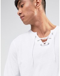 Asos Longline Long Sleeve T Shirt With Lace Up Neck In White