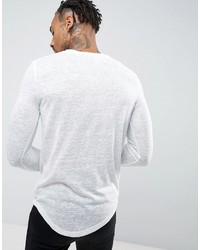 Asos Longline Muscle Long Sleeve T Shirt In Linen Look With Curved Hem In White